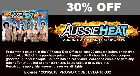 Printable coupon for 30% Off the purchase of tickets for '
Aussie Heat' at The V Theater Las Vegas