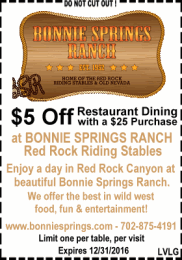 Take $5 off Restaurant Dining with a $25 purchase at Bonnie Springs Ranch Red Rock Riding Stables