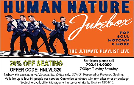 Coupon for free 20% Off Human Nature Jukebox Show at the Venetian