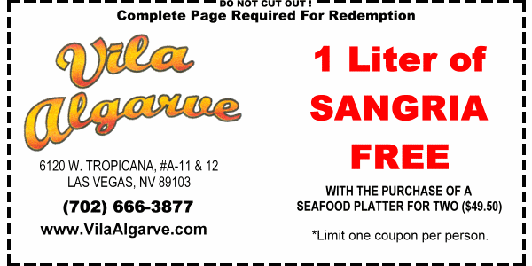 Coupon for one free liter of Sangria with the purchase of a seafood platter for two, Las Vegas.